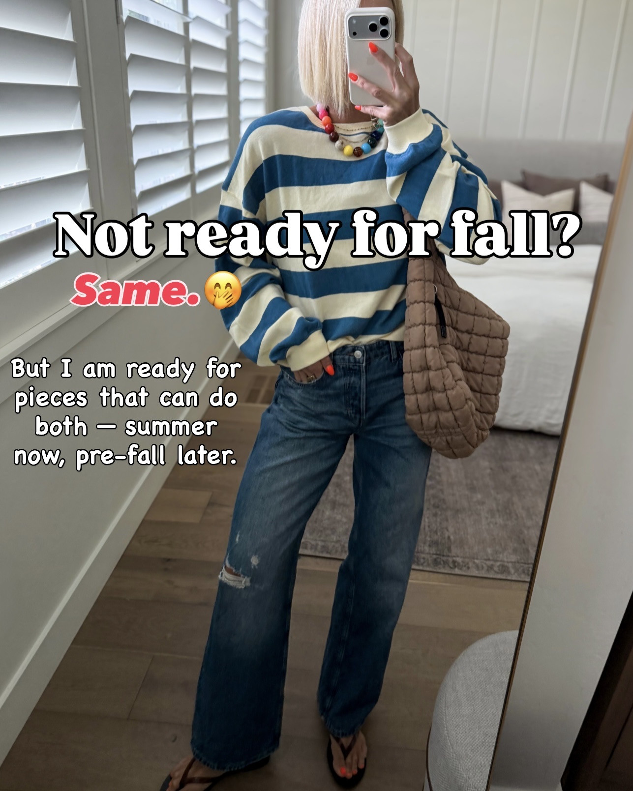 These are the pieces I’m wearing now that will carry me right into pre-fall. Smart shopping = versatile pieces you’ll actually wear on repeat. 
👉same items worn in multiple/different colors may only show one item! 
🚨Everything fits tts unless noted below 👇 
Red fiery/norwegian green pullover sweatshirt: consider sizing down! 
Jeans: I sized up to a 6 for a lower/looser fit 
Drawstring pants in black/burnt brown: size down, wearing a small
Lace top: tts, but many reviews suggest sizing up. I wouldn’t!
AN hoodie: I have several of these in both small & med. Unisex sizing, so size down if you want a less oversized fit 
Striped tank: size up!!!
Drawstring jeans: size down
Denim jacket size down. Fits really big!

#LTKmomlife #LTKOver40 #LTKSaleAlert