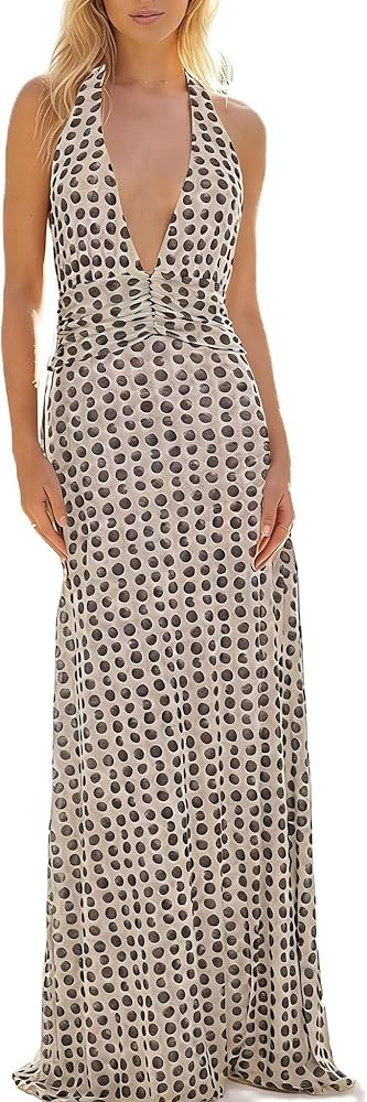 Amiblvowa Women Halter V Neck Maxi Dress Sexy Backless Bodycon Low Cut Long Dress Open Back Cockt... | Amazon (US)