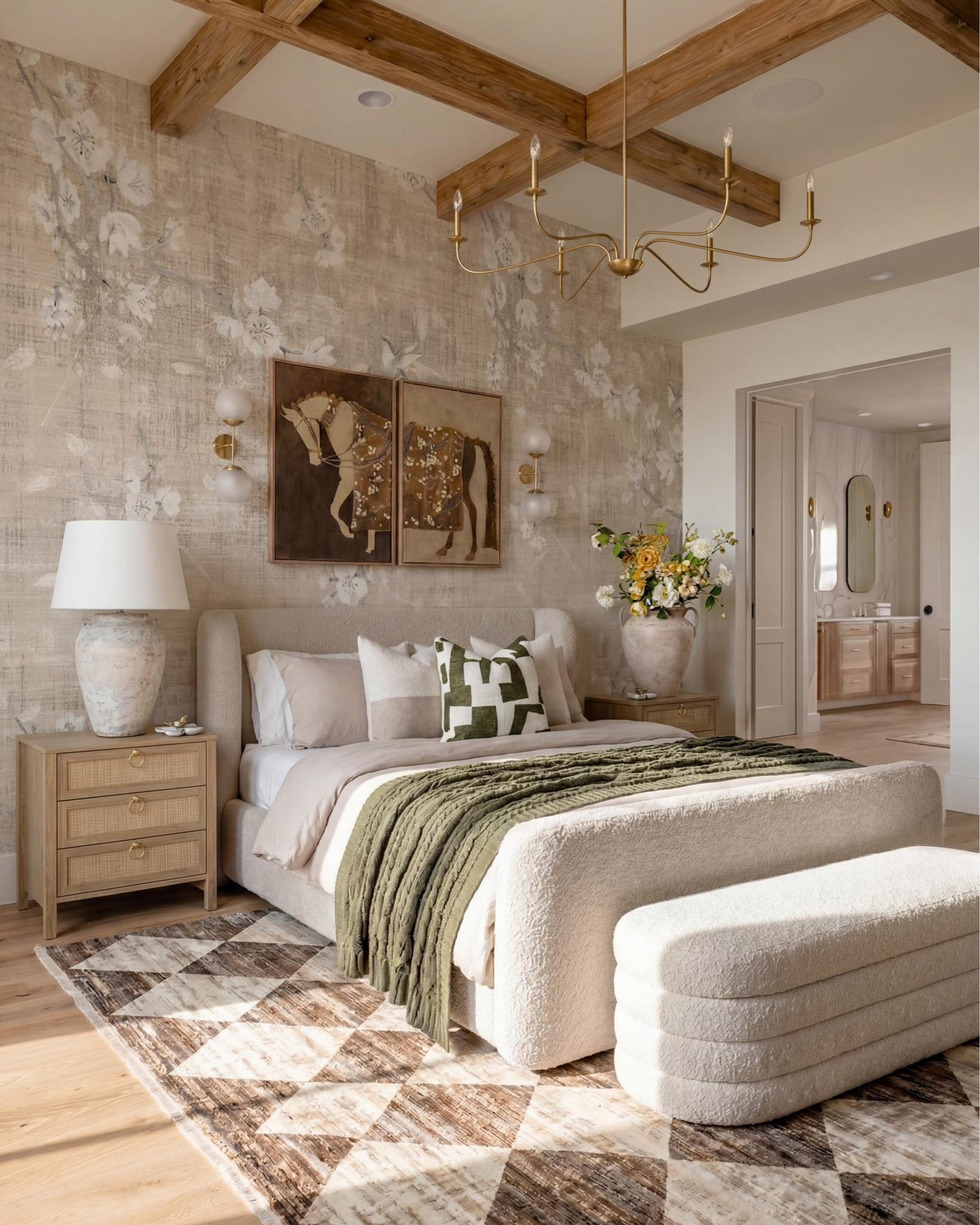 neutral upholstered bed frame curved footboard
boucle bed frame cream platform bed
beige upholstered bed modern soft frame
light wood nightstand with cane drawers
rattan nightstand 3 drawer natural wood
ceramic table lamp white textured base
modern white bedside lamp neutral shade
floral wallpaper neutral beige large scale print
vintage style floral wall mural soft neutral tones
brass wall sconces double globe modern
gold wall sconce round glass shade
framed horse artwork vintage equestrian wall art
neutral wall art set above bed warm tones
textured bench upholstered end of bed bench
boucle bench cream bedroom bench rounded edges
green throw blanket textured knit olive throw
neutral bedding set beige layered bedding
decorative throw pillows neutral green accent pillow
geometric area rug brown cream diamond pattern
modern neutral rug high pile bedroom rug
wood ceiling beams exposed rustic beams
brass chandelier modern minimalist curved arms
ceramic vase large neutral decor vase
faux floral arrangement yellow white flowers
wood dresser natural oak bedroom furniture
neutral bedroom decor warm minimalist aesthetic


#LTKHome #LTKSaleAlert