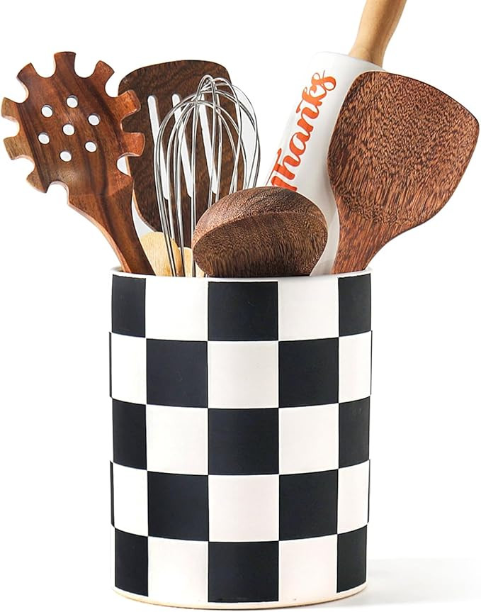 Utensil Holder，7.2 Inch Checkered Utensil Holder, Ceramic Cooking Utensil Spoon/Spatula Holder ... | Amazon (US)