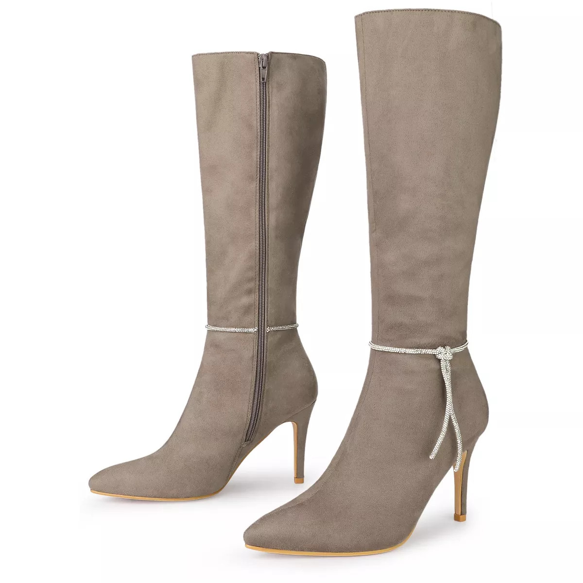Allegra K Women's Rhinestone Crystal Chain Pointed Toe Stiletto Heels Knee High Boots Taupe 10 | Target