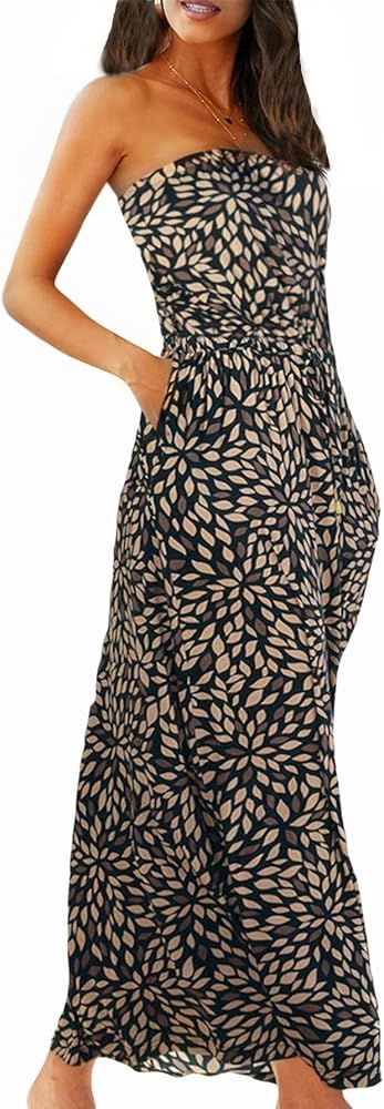 Happy Sailed Women Strapleess Floral Print Bohemian Beach Dress Casual Off Shoulder Long Dress wi... | Amazon (US)