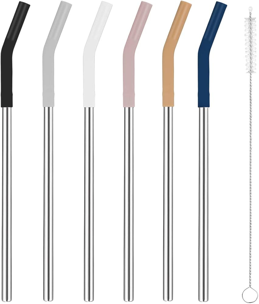 Tronco Set of 6 Stainless Steel Reusable Metal Straws with Silicone Flex Tips Elbows Cover, Metal... | Amazon (US)