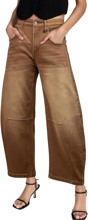 Sidefeel Women's Barrel Jeans Wide Leg Vintage Mid Rise Y2k Baggy Boyfriend Ankle Denim Pants | Amazon (US)