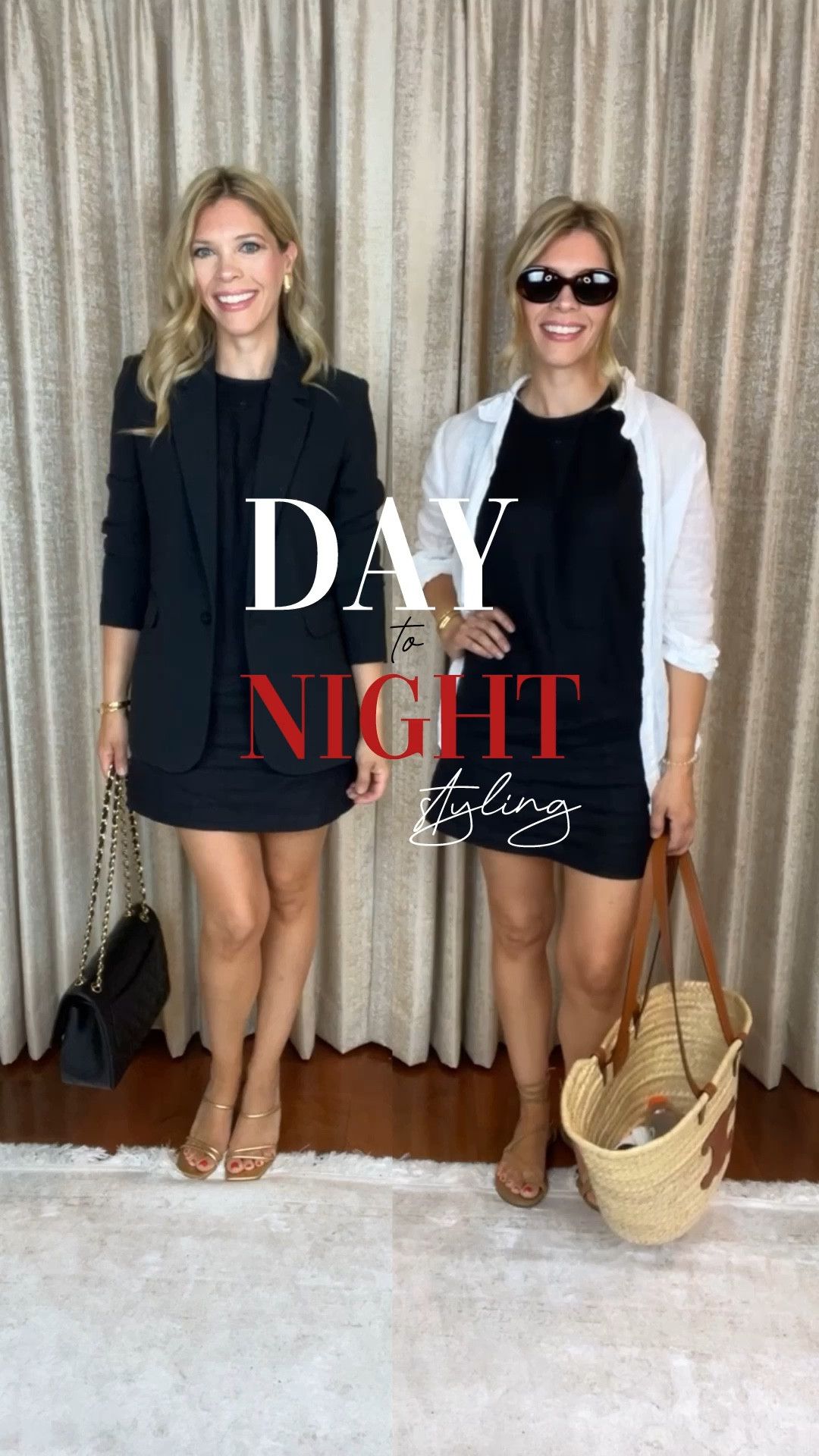 Day to Night Styling little black dress. Linen dress, black dress, dress, linen shirt, blazer, gold heels, lace up flats, basket bag, basket tote, Chanel, gold earrings, summer outfit, date night, mom outfit, sandals, travel outfit

#LTKItBag #LTKShoeCrush #LTKStyleTip