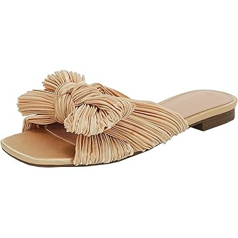 VETASTE Women's Pleated Bow Flat Sandals Open Square Toe Slip on Slide Sandals | Amazon (US)