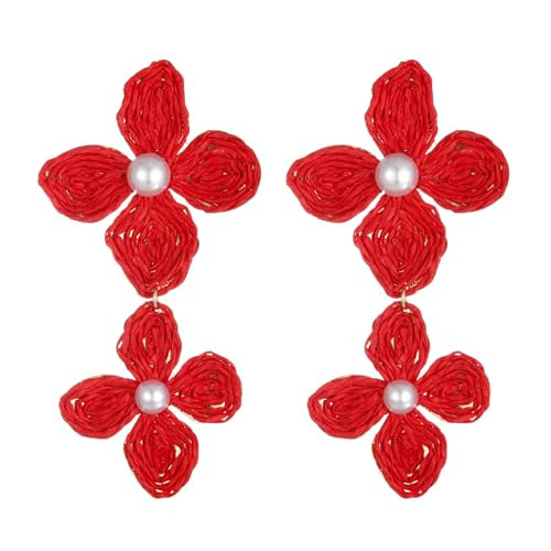 RUOFFETA Raffia Flower Earrings, Raffia Straw Wrapped Flower Drop Dangle Earrings Summer Tropical Beach Jewelry(Red A) | Amazon (US)