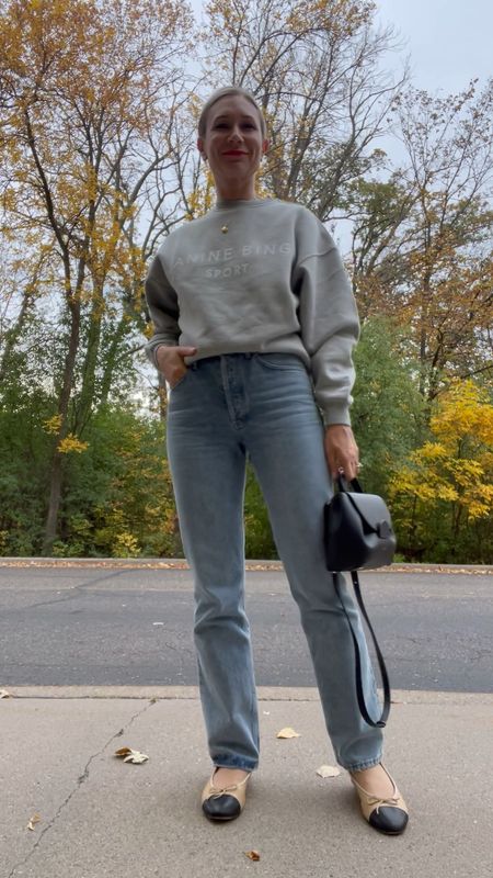 Yesterday’s outfit - Anine Bing sweatshirt - medium, 90’s jeans - 25. Bag is Polene and flats are Kaitlyn Pan

#LTKSeasonal