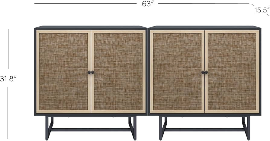 Nathan James Kova Rattan Wood Accent Sideboard Storage Cabinet TV Stand with Matte Metal Frame, Adjustable Shelves and Cane Doors, for Hallway, Entryway or Living Room, Black Oak/Cane, Set of 2 | Amazon (US)