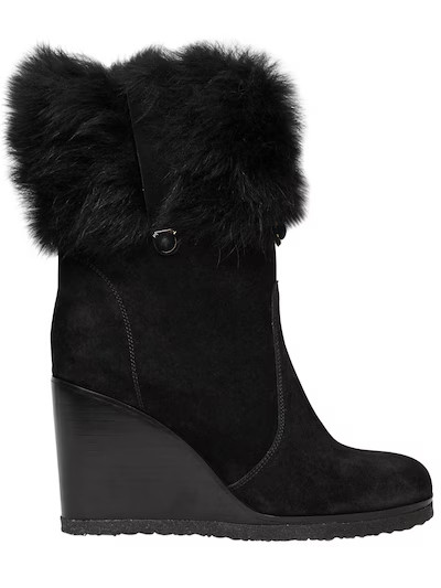 SALVATORE FERRAGAMO - 85MM SONDRIO SUEDE & FUR WEDGED BOOTS - BOOTS - BLACK - Luisaviaroma | Luisaviaroma