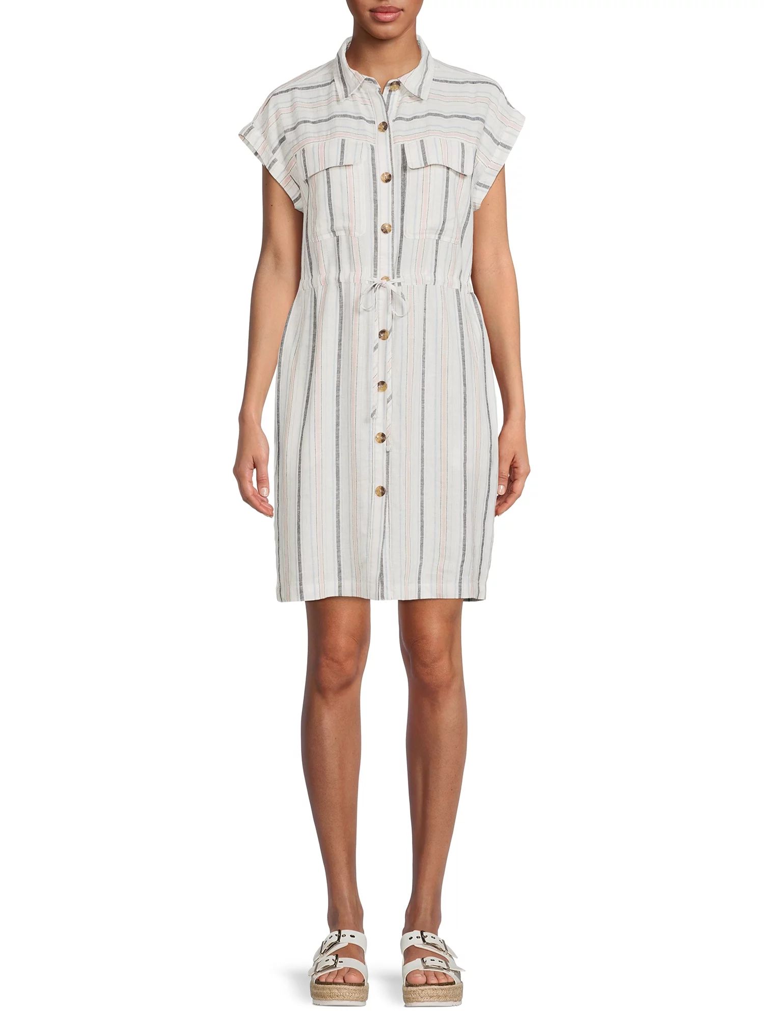Time And Tru Women's Short Sleeve Woven Cinch Waist Shirt Dress | Walmart (US)