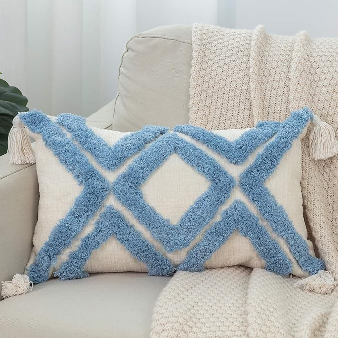 Boho Tufted Decorative Small Lumbar Throw Pillow Cover with Tassel, Moroccan Textured Geometric P... | Amazon (US)