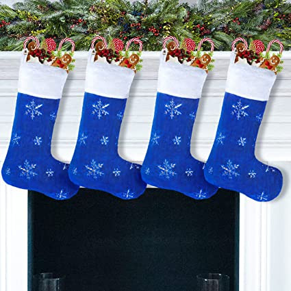 DegGod 4 Pack Blue Christmas Stockings with Faux Fur, Plush 22 inches Xmas Stocking with Silver E... | Amazon (US)