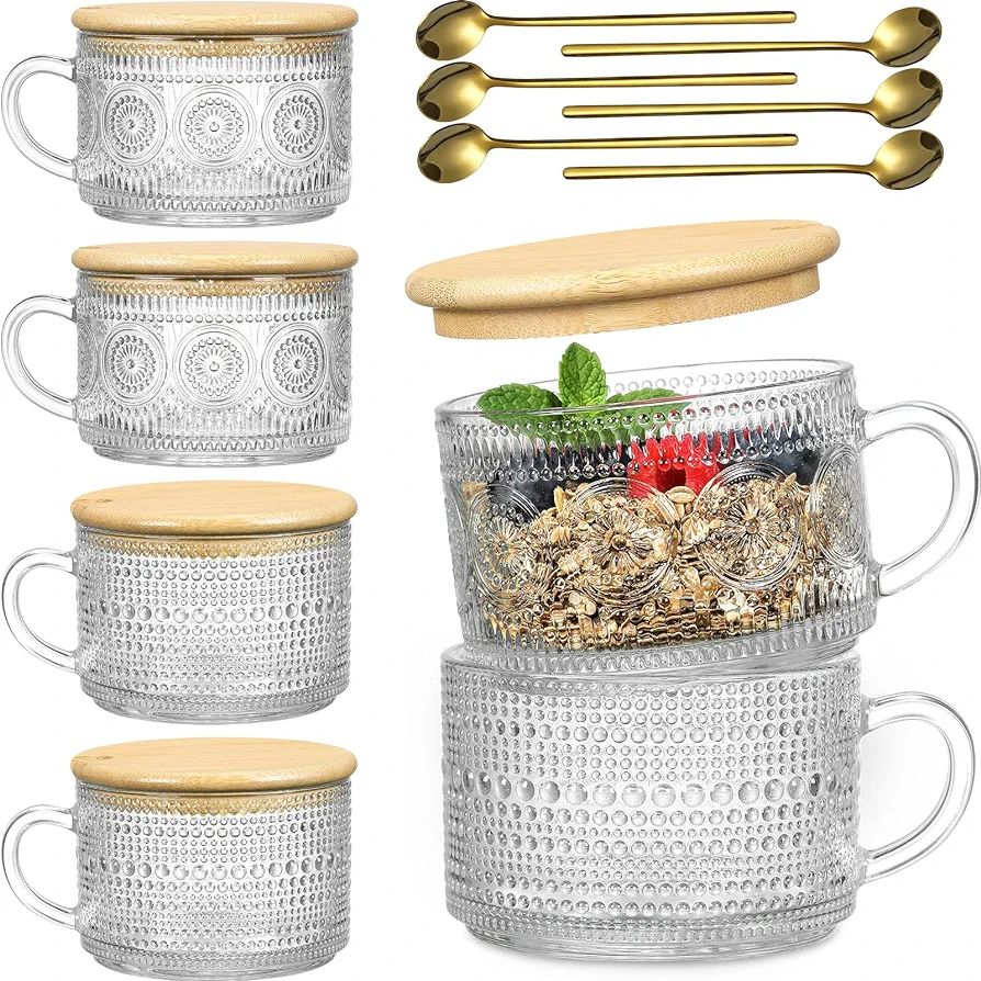 6 Pack 14oz Vintage Glass Coffee Mugs with Bamboo Lids and Spoons, Green Embossed Drinking Glasse... | Amazon (US)