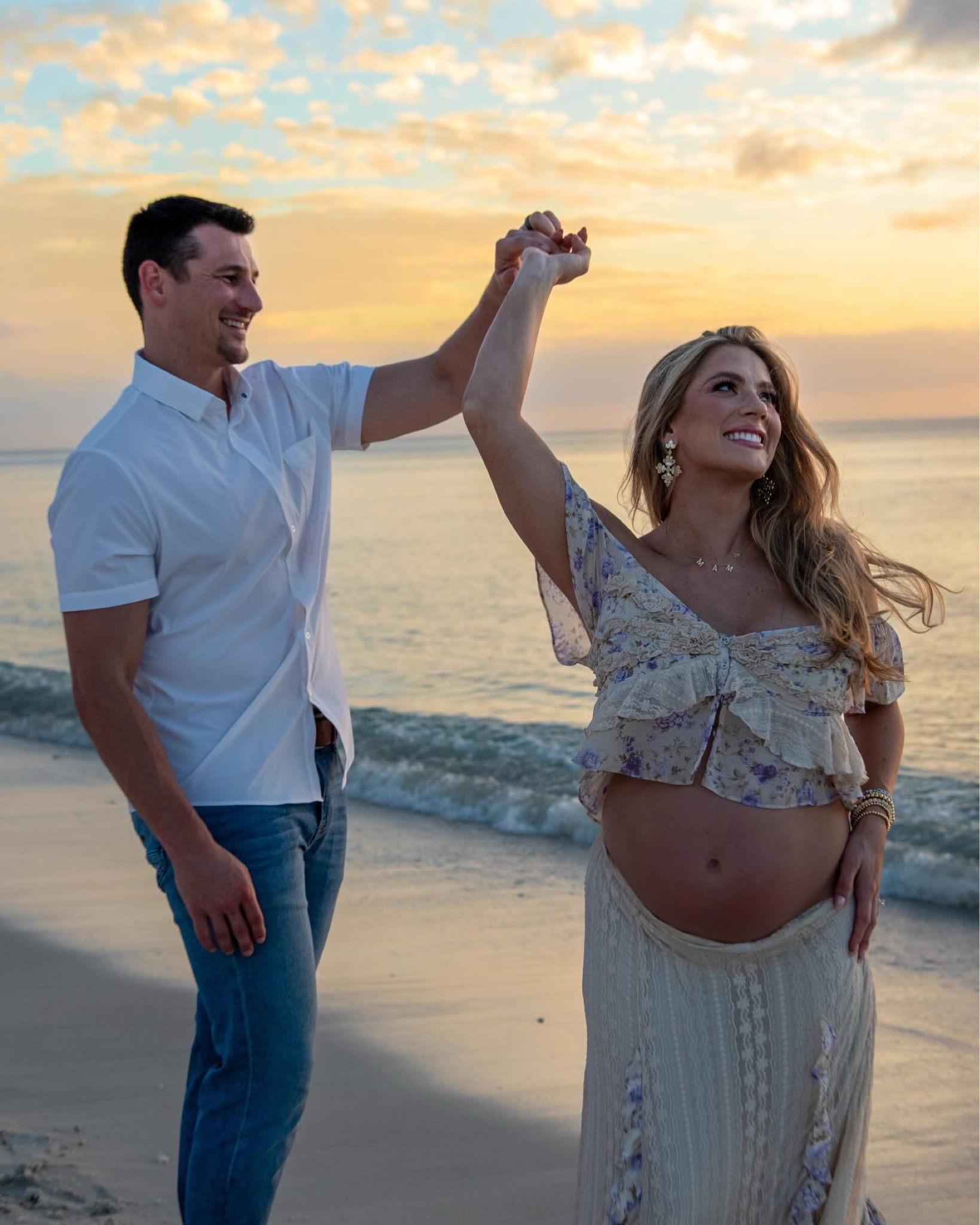Whimsical set for our maternity shoot from free people paired with Kendra Scott statement earrings 30% off and mama jewelry  Mama necklace on sale and available in gold, silver, and rose gold and comes in a real diamond option. Mizzen and Main’s stretch short sleeve button up 30% off. 

#LTKGiftGuide #LTKCyberWeek #LTKbump