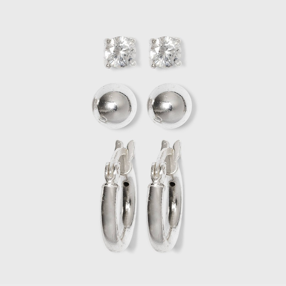 Sterling Cubic Zirconia Silver Ball Studs and Hoop Trio Earring Set - A New Day Silver | Target