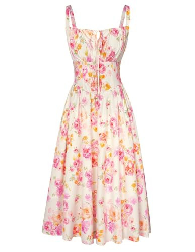 Ruched Bust Floral Corset Dress for Women Summer Long Length Pink Beige Floral L | Amazon (US)