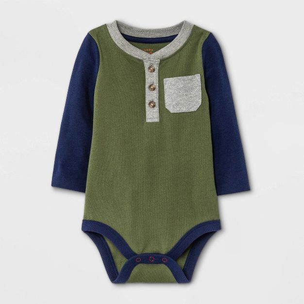Baby Boys' Henley Colorblock Long Sleeve Bodysuit with Pocket - Cat & Jack™ Olive Green | Target