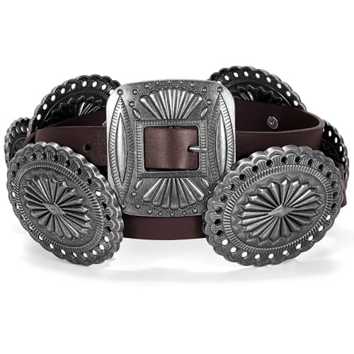 TRIWORKS Western Belts for Woman Oval Concho Belt Cowgirl Boho Disc Belt Buckle for Dress Jeans Country Concert Outfit | Amazon (US)
