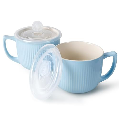 ZEBERBO Ceramic Soup Bowls with Vented Lid, 32 Ounce Soup Mug with Handle, 2packs 5 inch Jumbo Soup Cups, Wide Large Cereal Bowl for Oatmeal, Gumbo Salad, Microwave Oven Safe (GlossBlue) | Amazon (US)