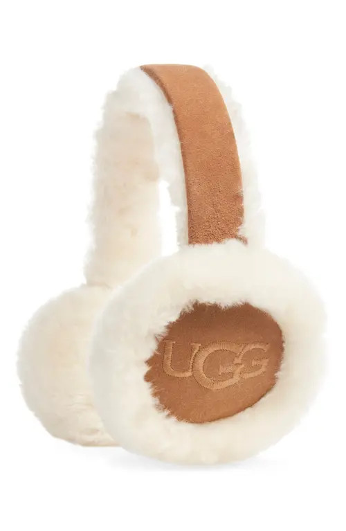 UGG(r) Logo Embroidered Genuine Shearling Earmuffs in Chestnut at Nordstrom | Nordstrom