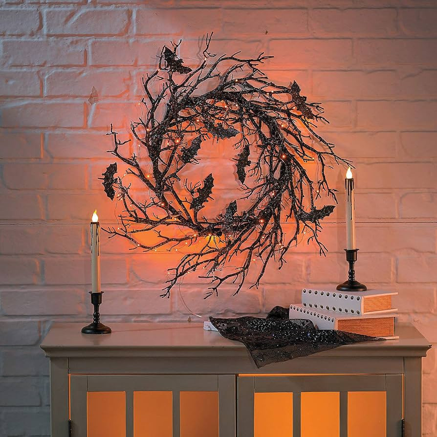 Fun Express Halloween Wreath 26" Light Up Black Bat Twig Wreath for Front Door - Spooky Gothic Ou... | Amazon (US)