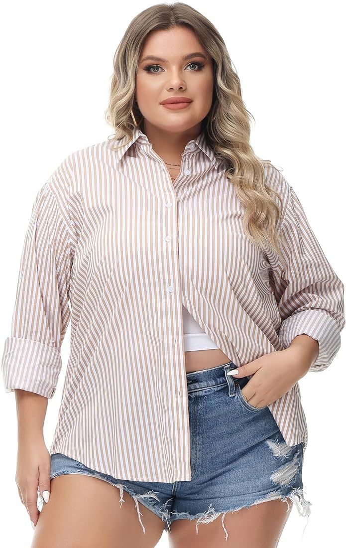 MCEDAR Women's Oversized Button Down Shirts Casual Plus Size Boyfriend Shirt Long Sleeve Striped ... | Amazon (US)