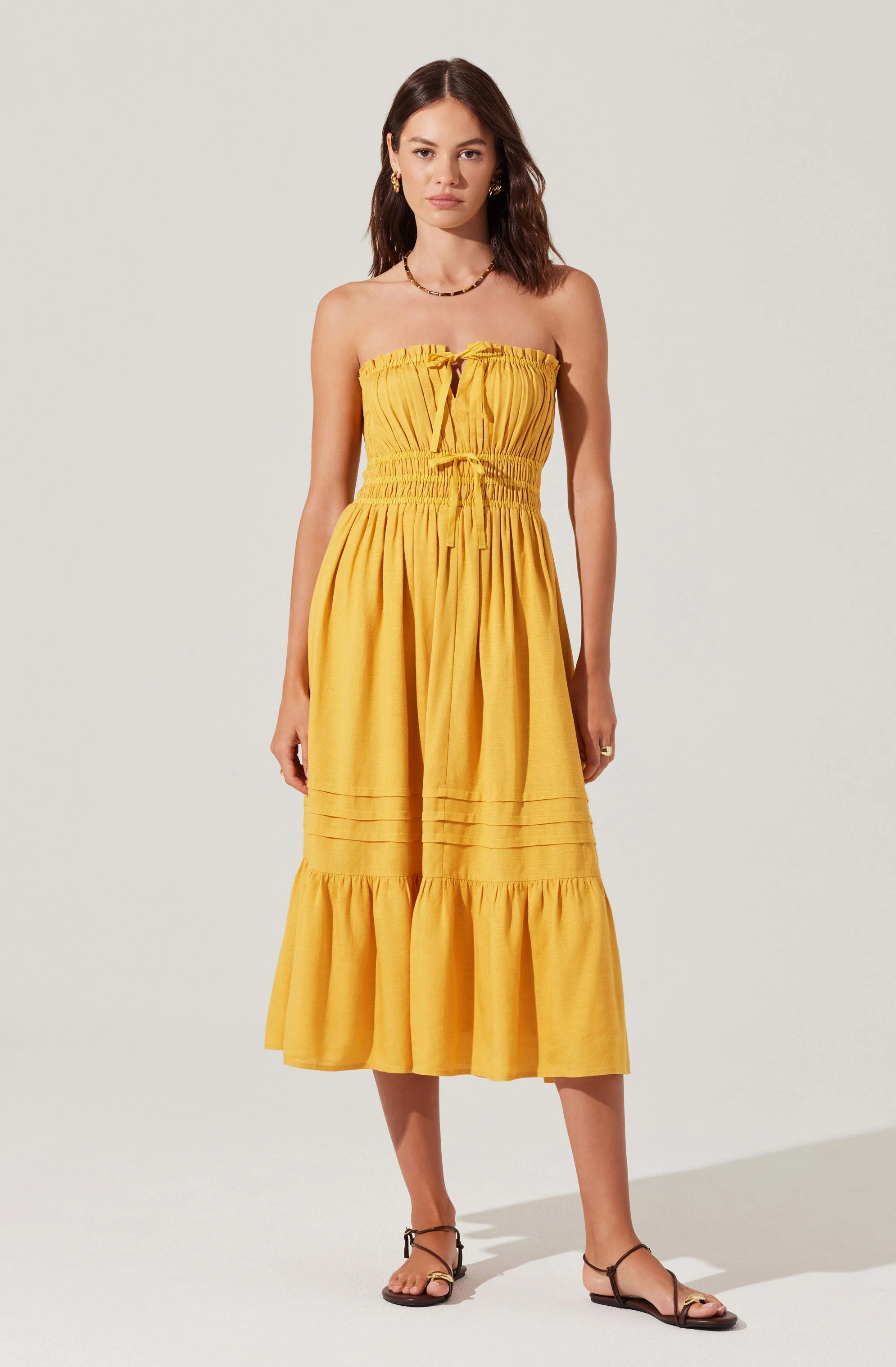 Aubrie Strapless Smocked Midi Dress - Mustard / XS | ASTR The Label (US)