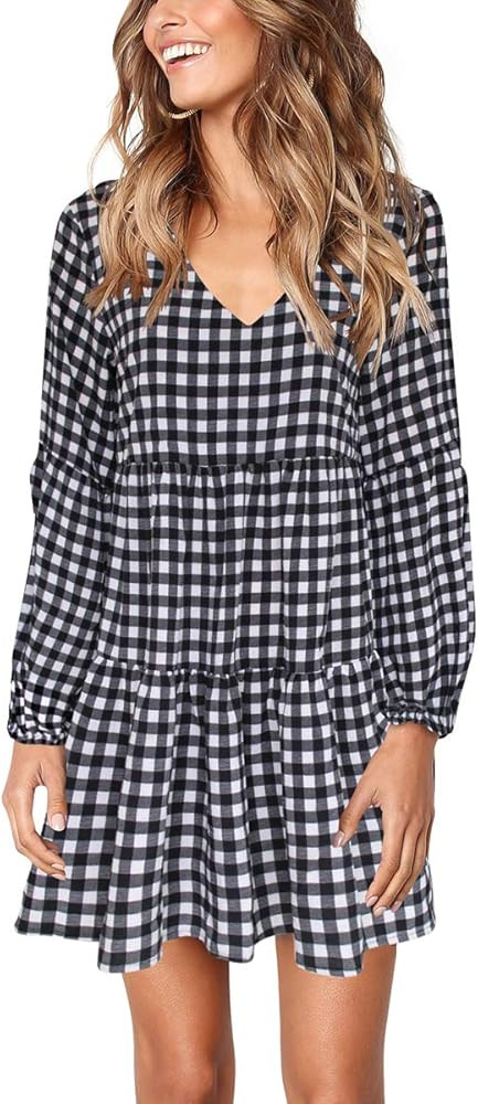 Cosonsen Womens Swing Dress Long Sleeve V Neck Printed Casual Tunic Dress Navy L at Amazon Women... | Amazon (US)