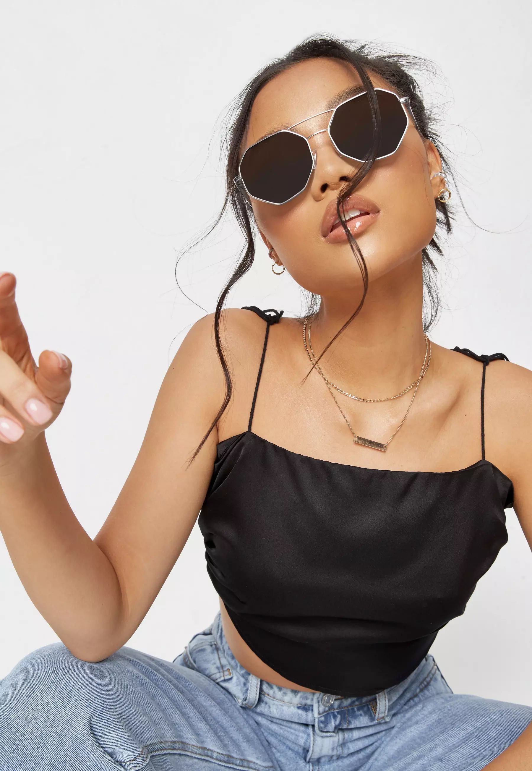 Recycled Gold Look Frame Hex Aviator Sunglasses | Missguided (US & CA)