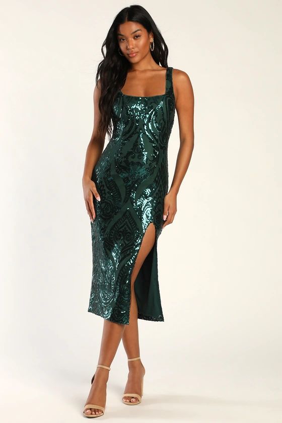 Starlet Potential Emerald Green Sequin Bodycon Midi Dress | Lulus (US)
