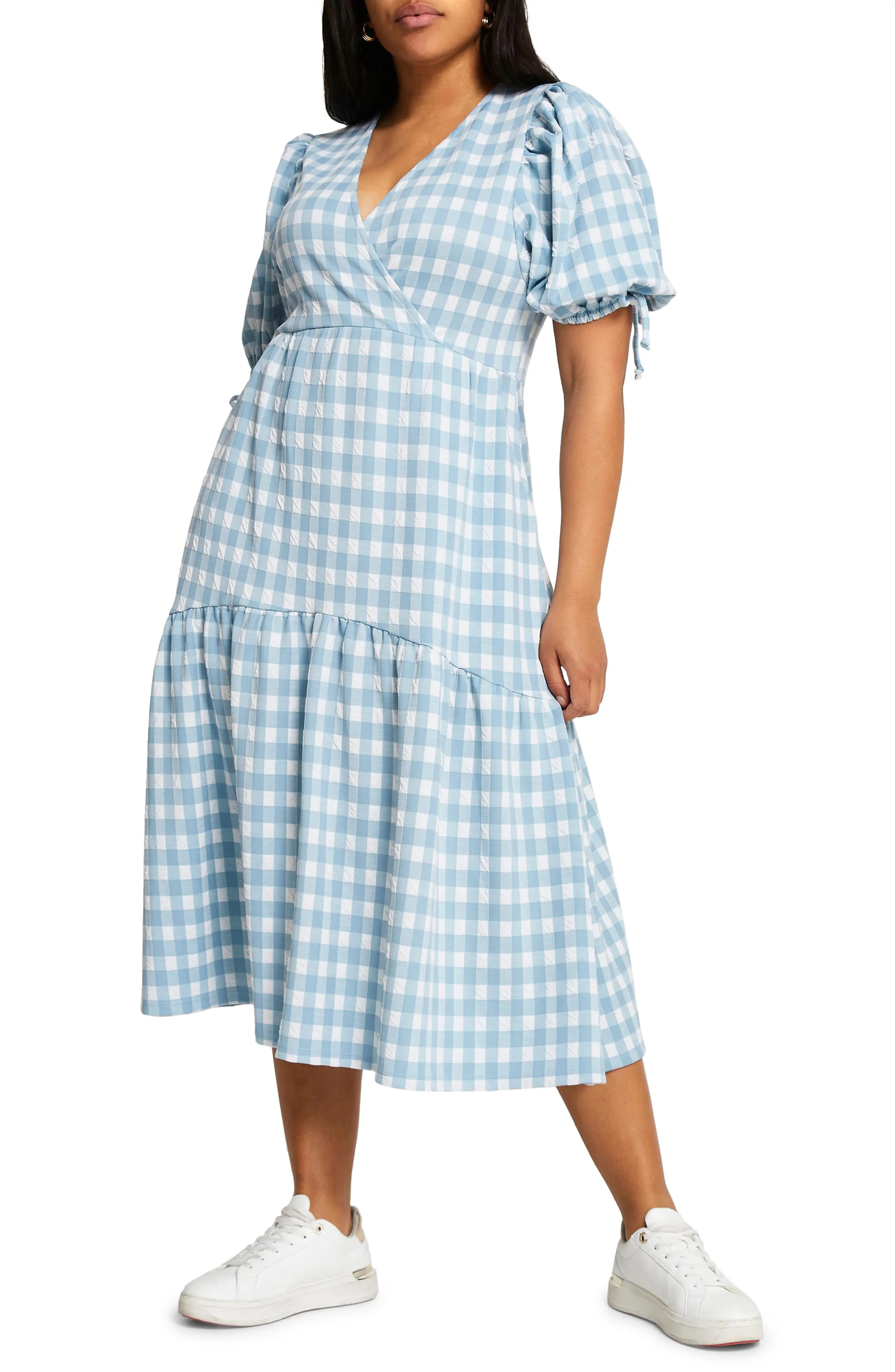 Plus Size Women's River Island Textured Gingham Midi Dress, Size 18 US - Blue | Nordstrom