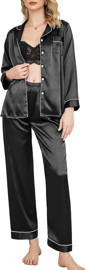 Ekouaer Women's Satin Pajama Set Classic Button Down Loungewear Long Sleeve Sleepwear Premium Sil... | Amazon (US)