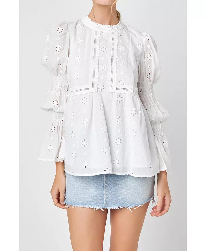 Women's Embroidered Swiss Dot Ruched Sleeve Top | Macy's