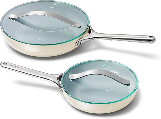 Caraway Ceramic Fry Pan Duo with Glass Lids - Non-Stick Frying Pans (10.5” & 8”) - Non Toxic,... | Amazon (US)