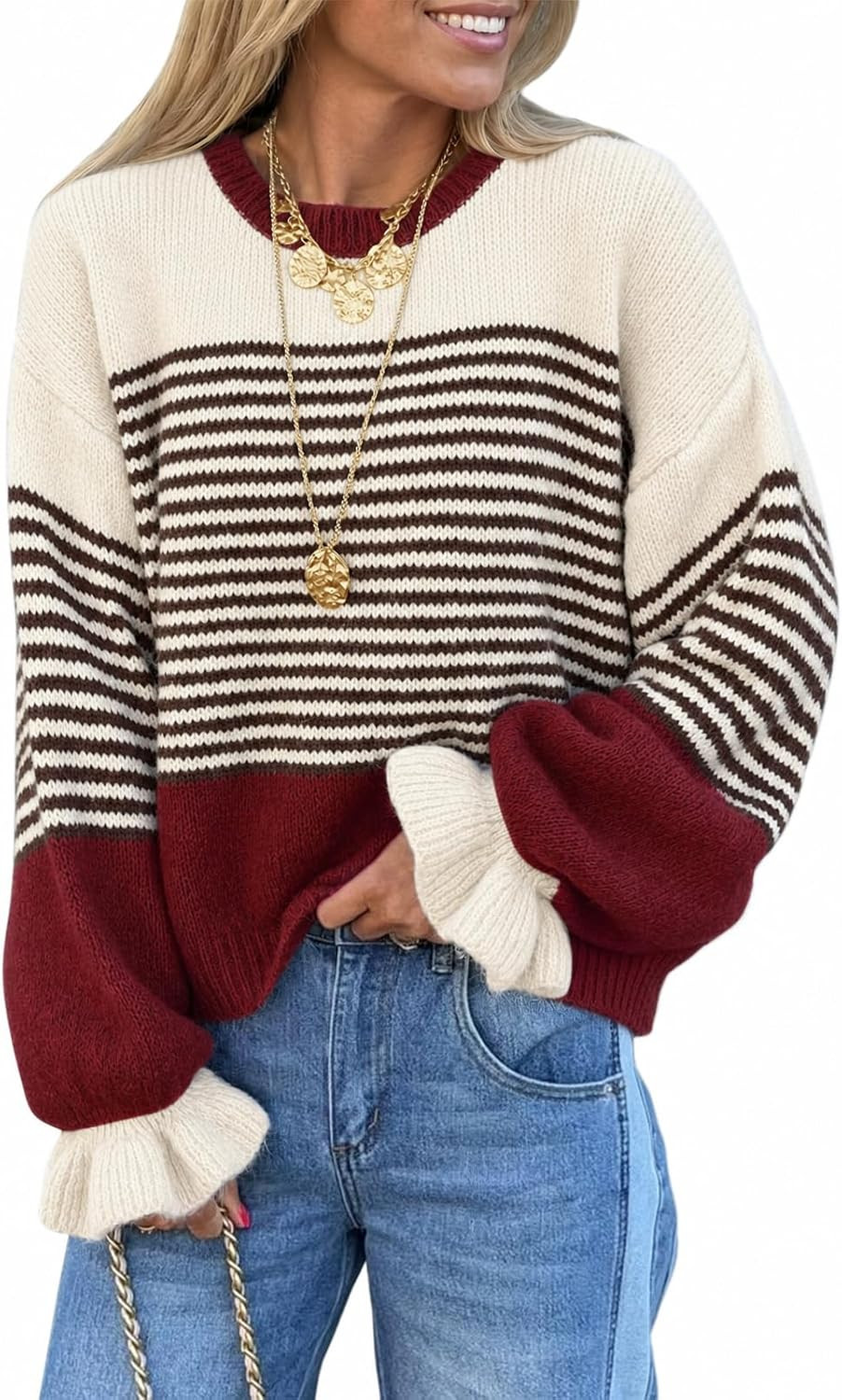 Saodimallsu Womens Color Block Striped Sweaters Ruffle Sleeve Knit Pullover | Amazon (US)
