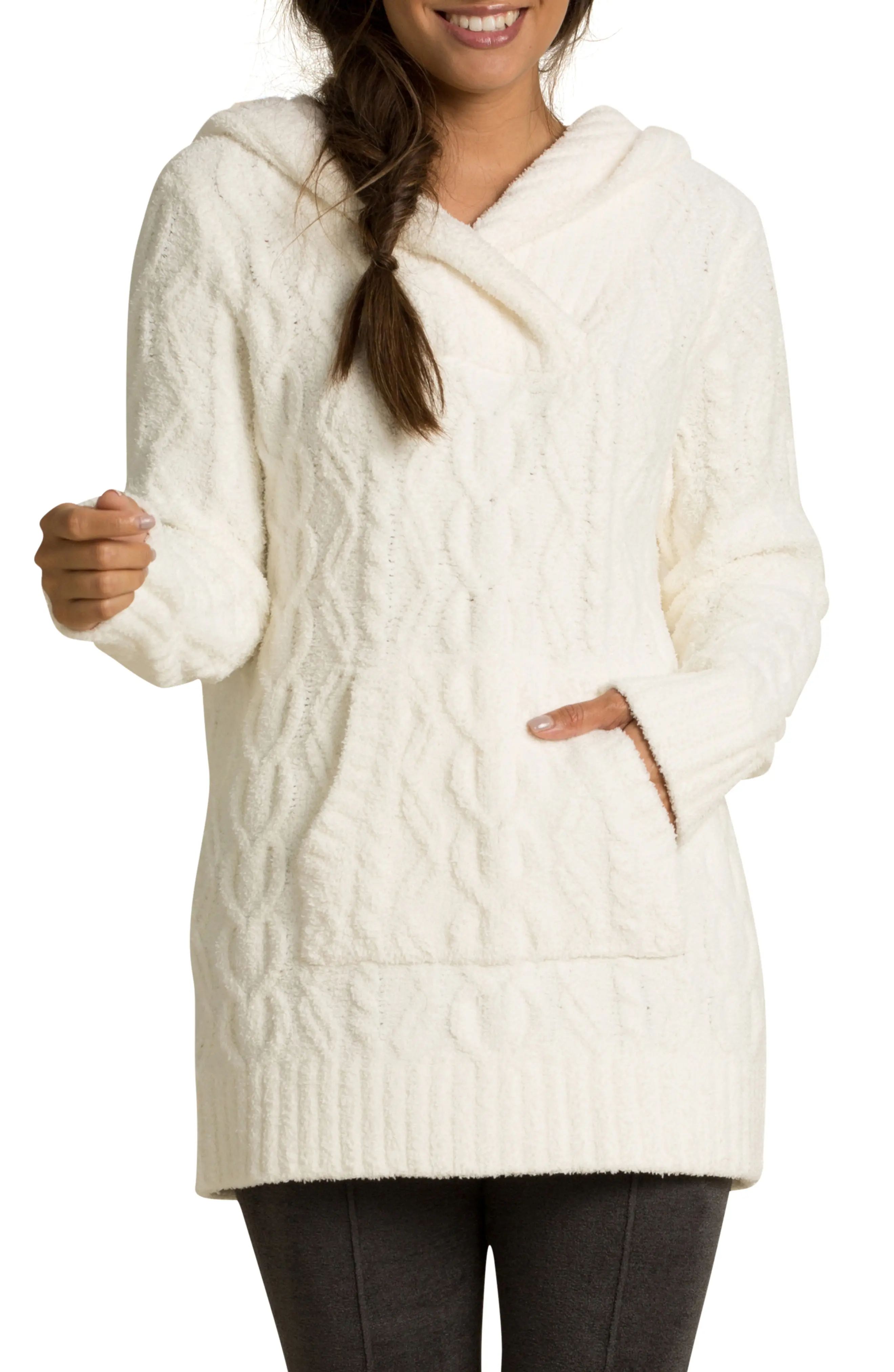 Women's Barefoot Dreams Cozychic(TM) Zigzag Cable Knit Hoodie, Size Large - Ivory | Nordstrom