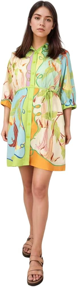 Summer Shirt Dress for Women Long Sleeve Floral Printed Button Down Mini Dresses | Amazon (US)