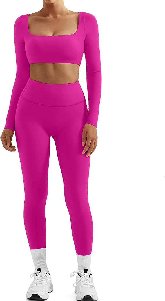SUUKSESS Women 2 Piece Workout Sets Compression Tummy Control Leggings with Pockets Long Sleeve S... | Amazon (US)