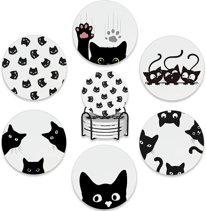 Drink Coasters Set of 6 with Holder,Cute Black Cat Absorbent Ceramic Coasters with Cork Base,Fit All Cups,Tabletop Protection Mat for Mugs and Cups,Office,Kitchen | Amazon (US)