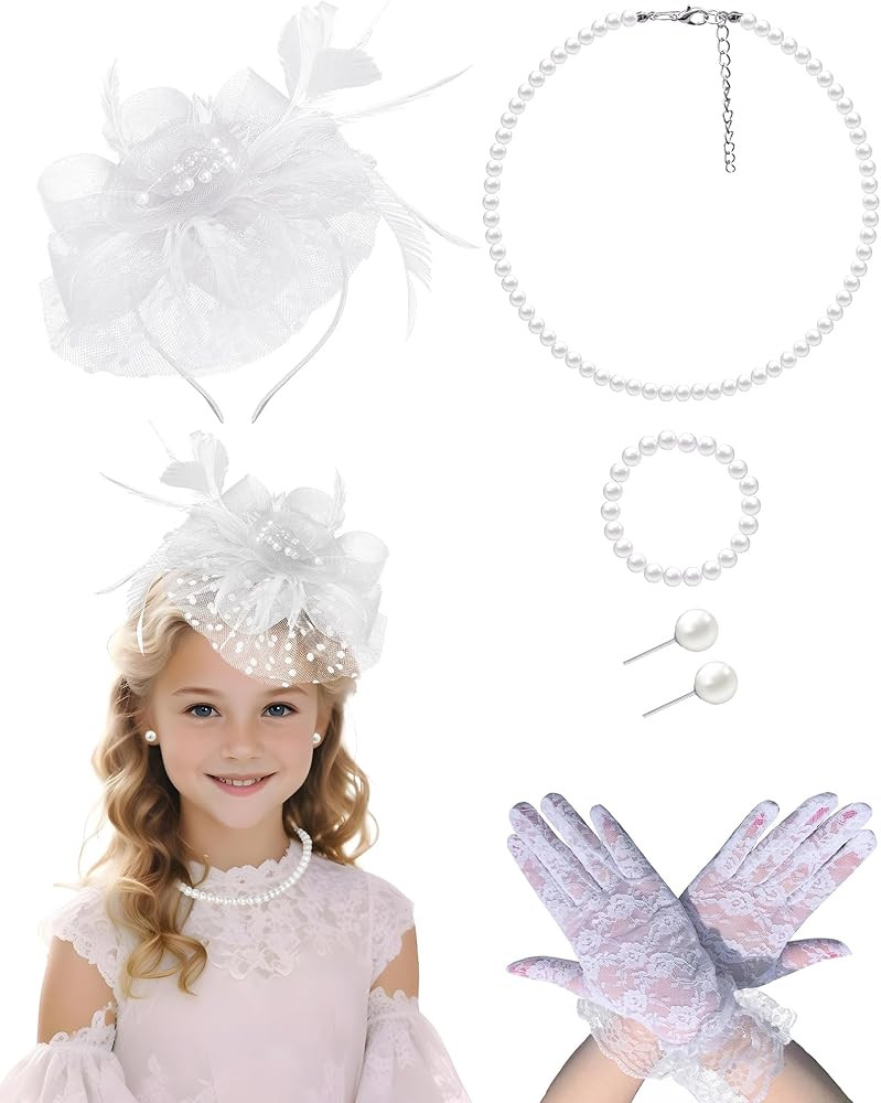 Girls Tea Party Fascinators Hats with Lace Gloves Pearl Necklace Earring Jewelry for Tea Party We... | Amazon (US)