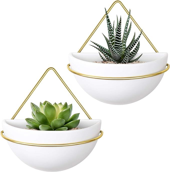 Mkono Ceramic Wall Planter Set of 2 Hanging Planter with Metal Geometric Plant Hanger, Modern Wal... | Amazon (US)