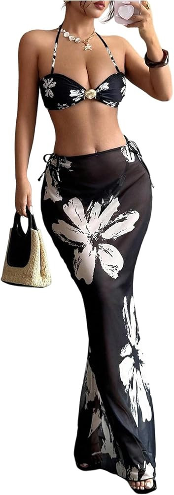 Verdusa Women's 3 Piece Boho Floral Halter Bikini Set Tie Backless Swimsuit with Beach Cover Up S... | Amazon (US)