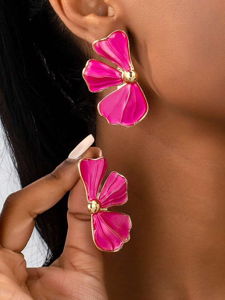 Hot Pink/gold Tropical Flower Earrings  | SHEIN