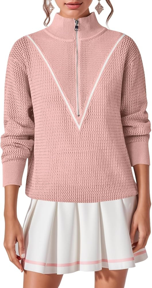 Langwyqu Womens Half Zip Pullover Sweaters Sexy Polo V Neck Knit Collared Hollow Out Long Sleeve ... | Amazon (US)