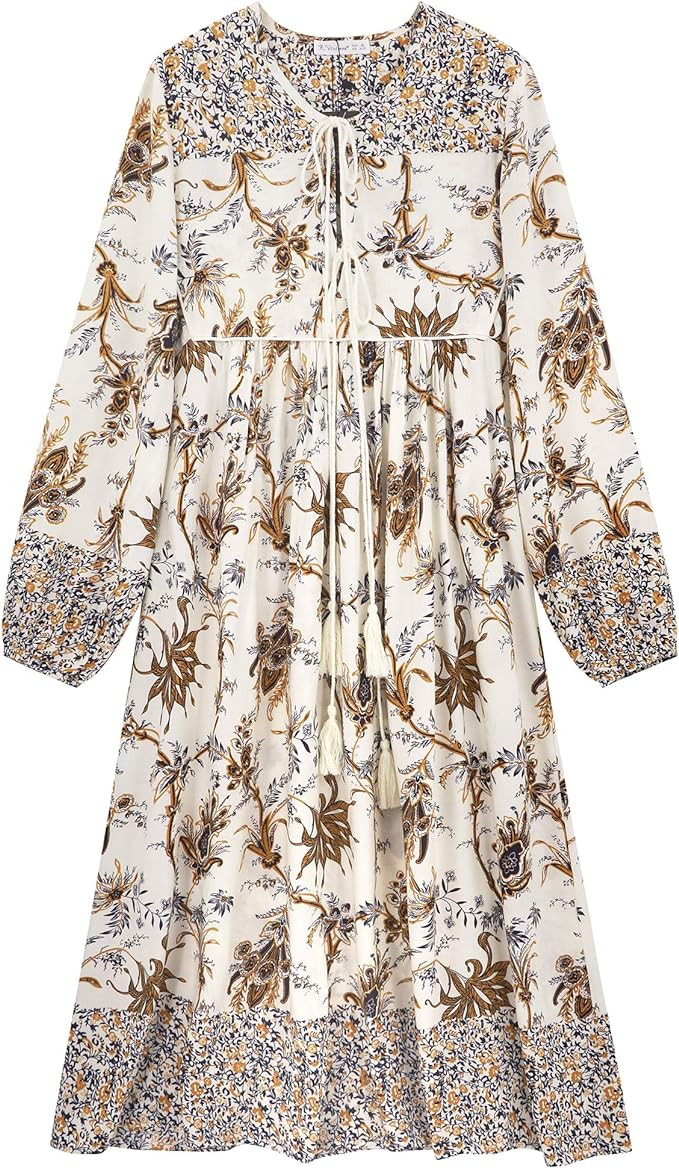 R.Vivimos Women's Long Sleeve Floral Print Retro V Neck Tassel Bohemian Midi Dresses (Medium, Mul... | Amazon (US)