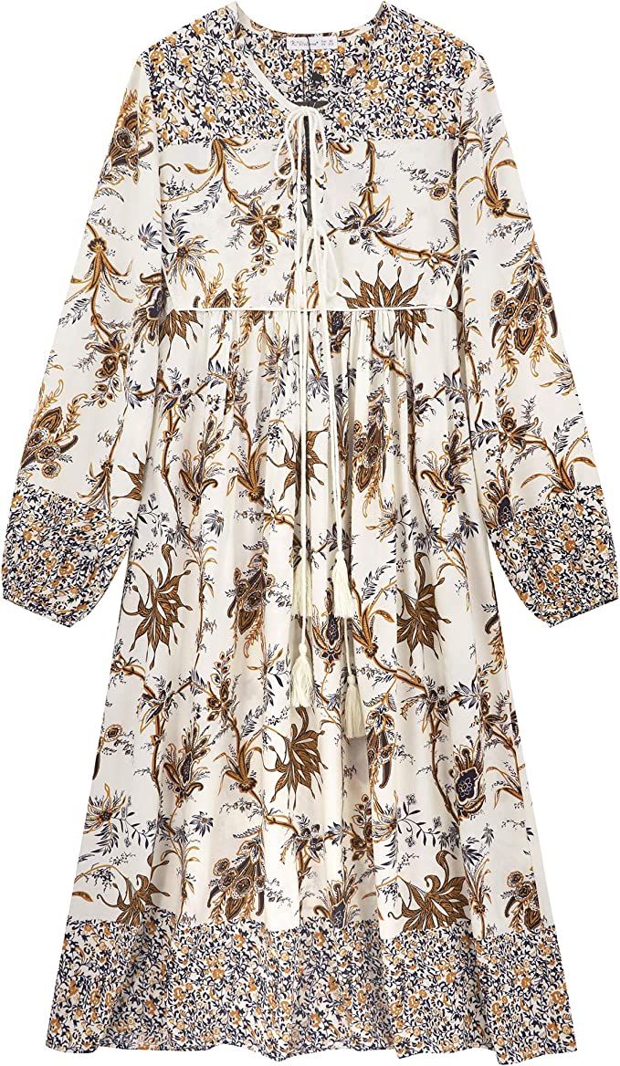 R.Vivimos Women's Long Sleeve Floral Print Retro V Neck Tassel Bohemian Midi Dresses (Medium, Mul... | Amazon (US)