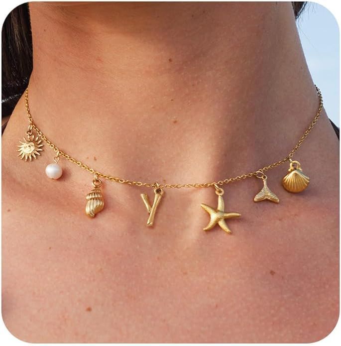 Initial Charm Necklace For Women Shell Letter Necklaces Gold Charms Pendant Boho Summer Seashell ... | Amazon (US)