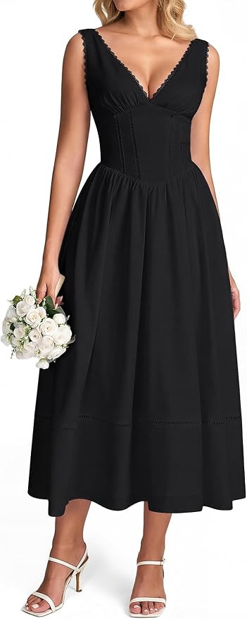 KUTUMAI Floral Corset Midi Dresses for Women 2026 Summer Spring V Neck Lace Up Flowy Wedding Gues... | Amazon (US)