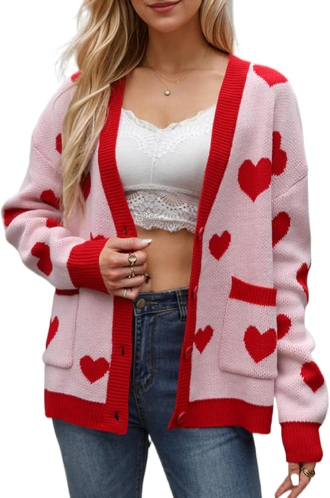 Women Cute Heart Oversized Cardigan Open Front Button Down Valentines Day Love Print Knit Sweater... | Amazon (US)